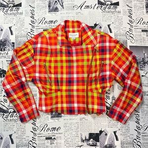 Emanuel Ungaro vintage 90s red plaid cropped moto jacket